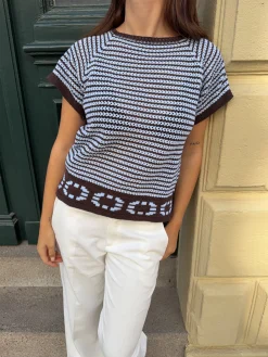 Alfi strikket t-shirt med striber - Hvid/brun