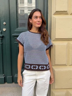 Alfi strikket t-shirt med striber - Hvid/brun