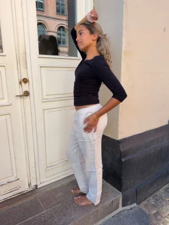 Hilja stribede hørbukser - beige
