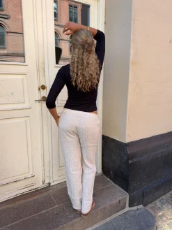 Hilja stribede hørbukser - beige