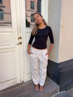 Hilja stribede hørbukser - beige