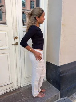 Hilja stribede hørbukser - beige
