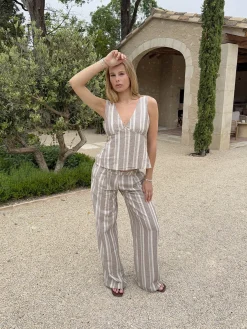 Kristiana bukser med striber - Beige/off white