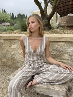 Kristia top med striber - Beige/off white