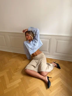Lavinia stribet cropped skjorte - Blå/hvid