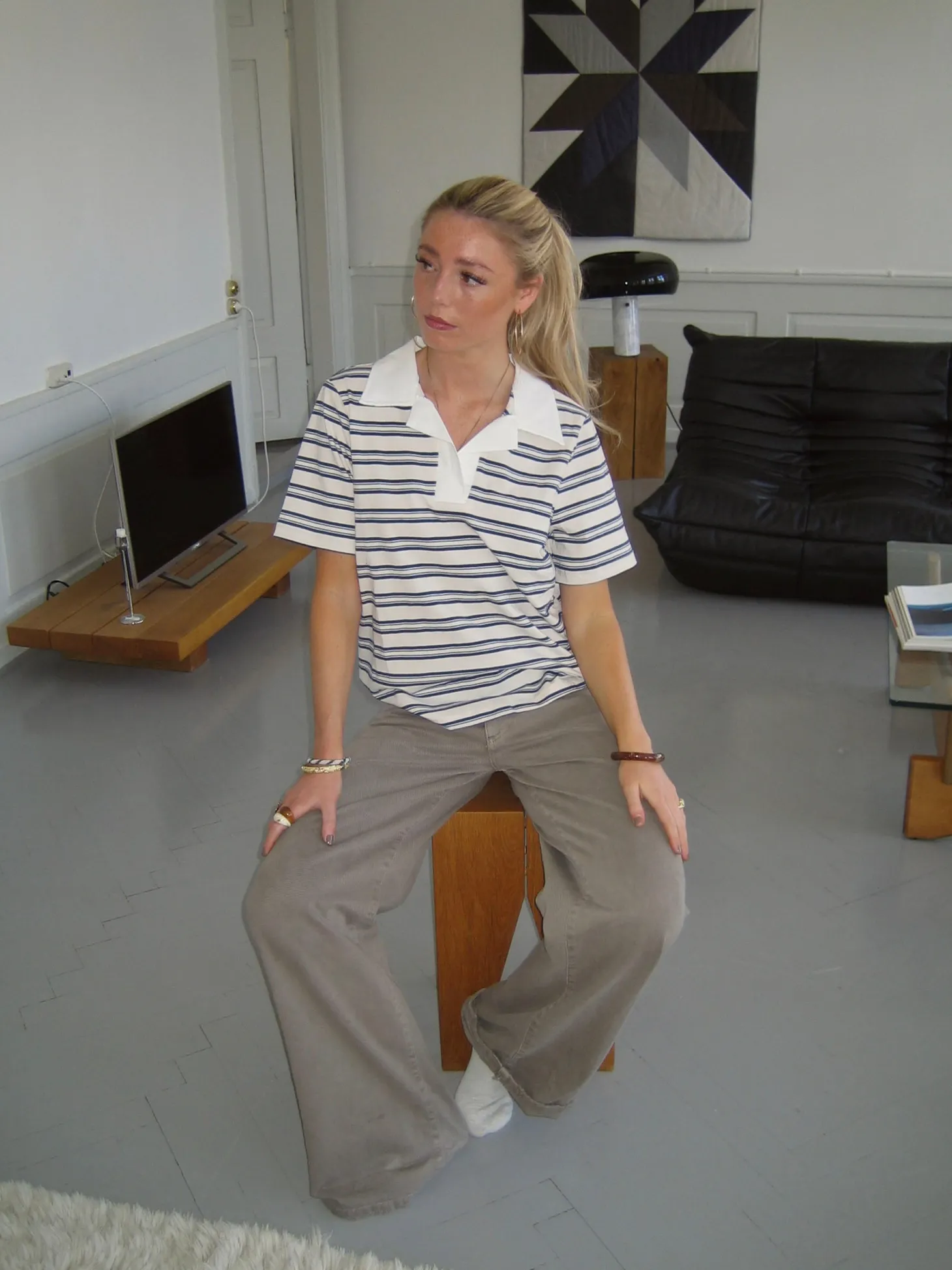 Line polo med striber - Hvid/beige/navy