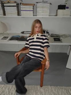 Linna polo med striber - Navy/beige/rød