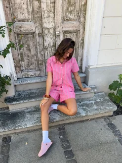 Luliana kortærmet skjorte med striber - Pink/hvid/sort