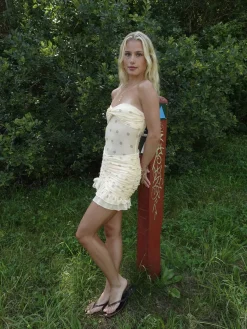 Lunelle kjole med blomster - Gul/brun