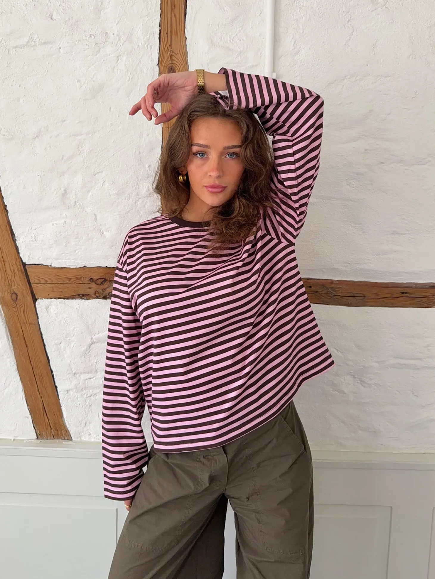 Main character energy bluse med striber - Pink/brun/gul