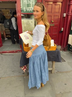 Malin Tomkins nederdel med bindedetalje og tern - Blå/hvid