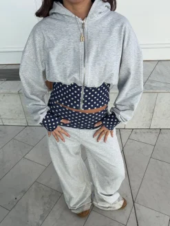 May hoodie med polkaprikker - Grå/navy/hvid