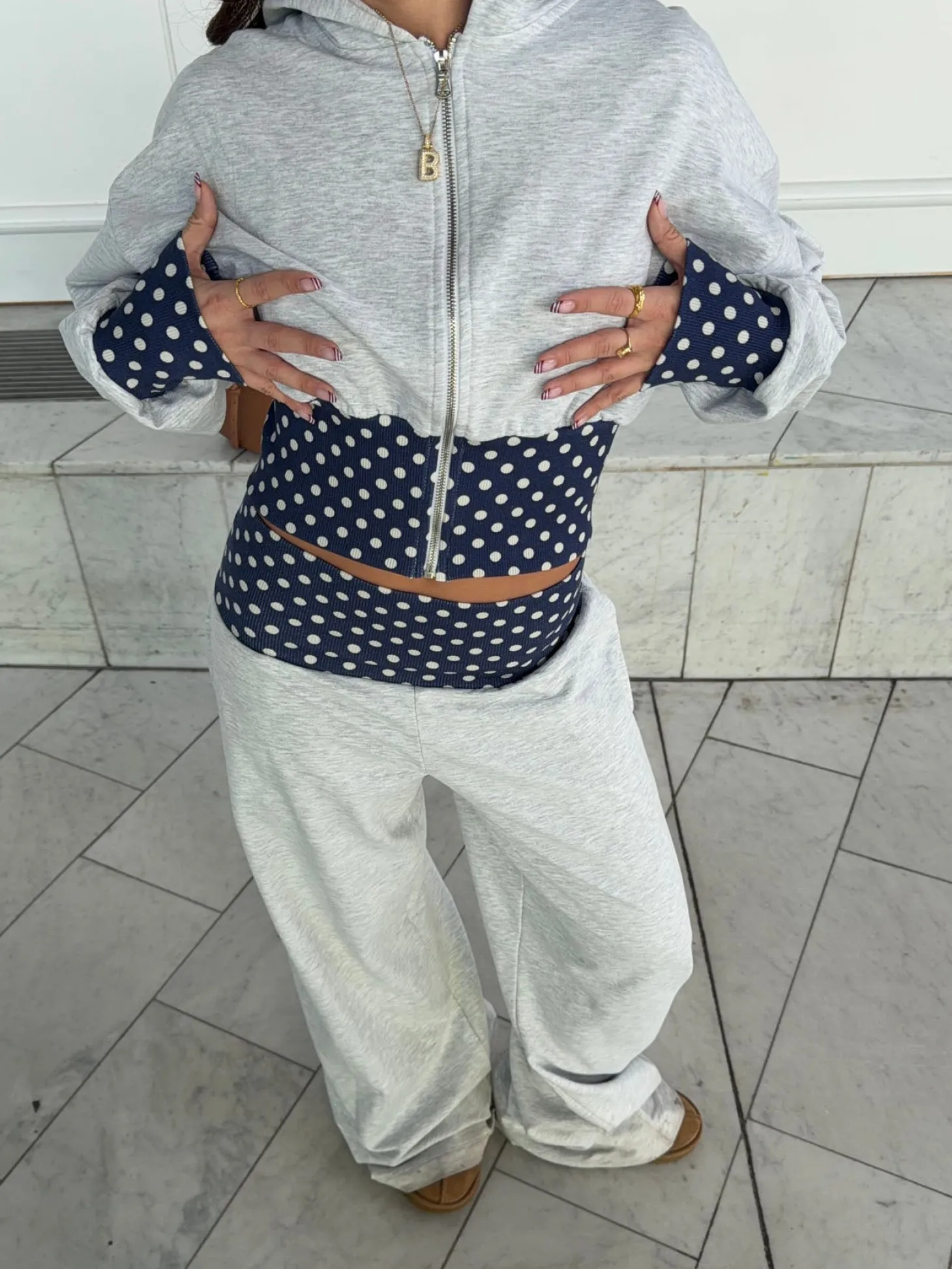 May sweatpants med polkaprikker - Grå/navy/hvid