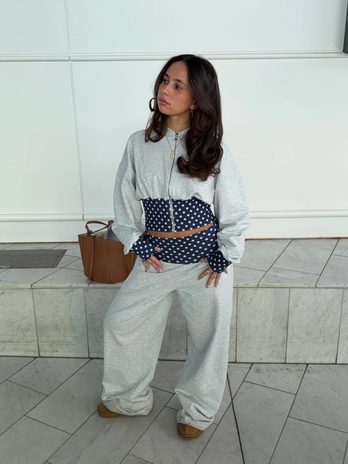 May sweatpants med polkaprikker - Grå/navy/hvid