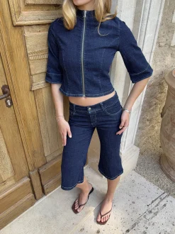 Mya denimjakke med trekvartærmer og lynlås - Mørkeblå