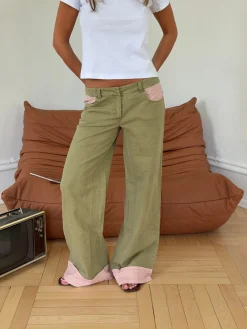 Noala jeans med fold - Kaki/lyserød