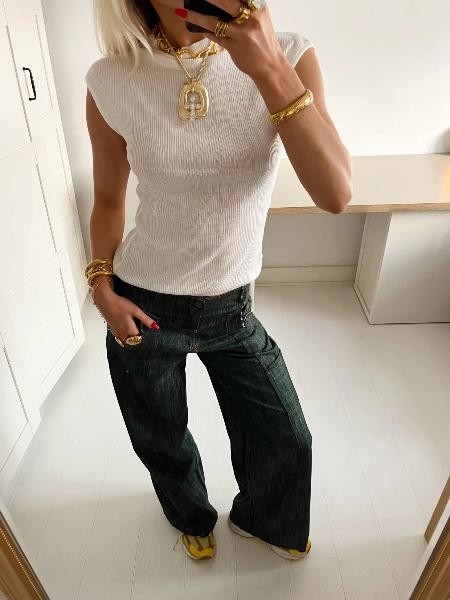 Olive jeans med detaljer - Blågrøn