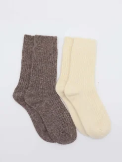 2-pak strikkede strømper - Beige/brun