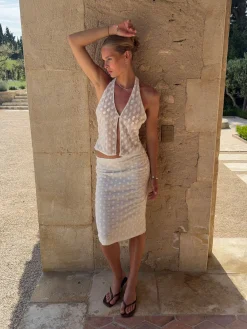 Sasseline halterneck top i mesh med prikker - Hvid
