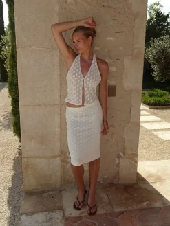 Sasseline halterneck top i mesh med prikker - Hvid