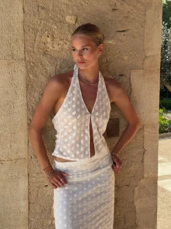 Sasseline halterneck top i mesh med prikker - Hvid