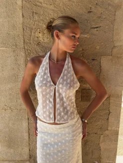 Sasseline halterneck top i mesh med prikker - Hvid