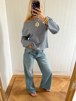 Scandivv bluse med striber - Blå/brun