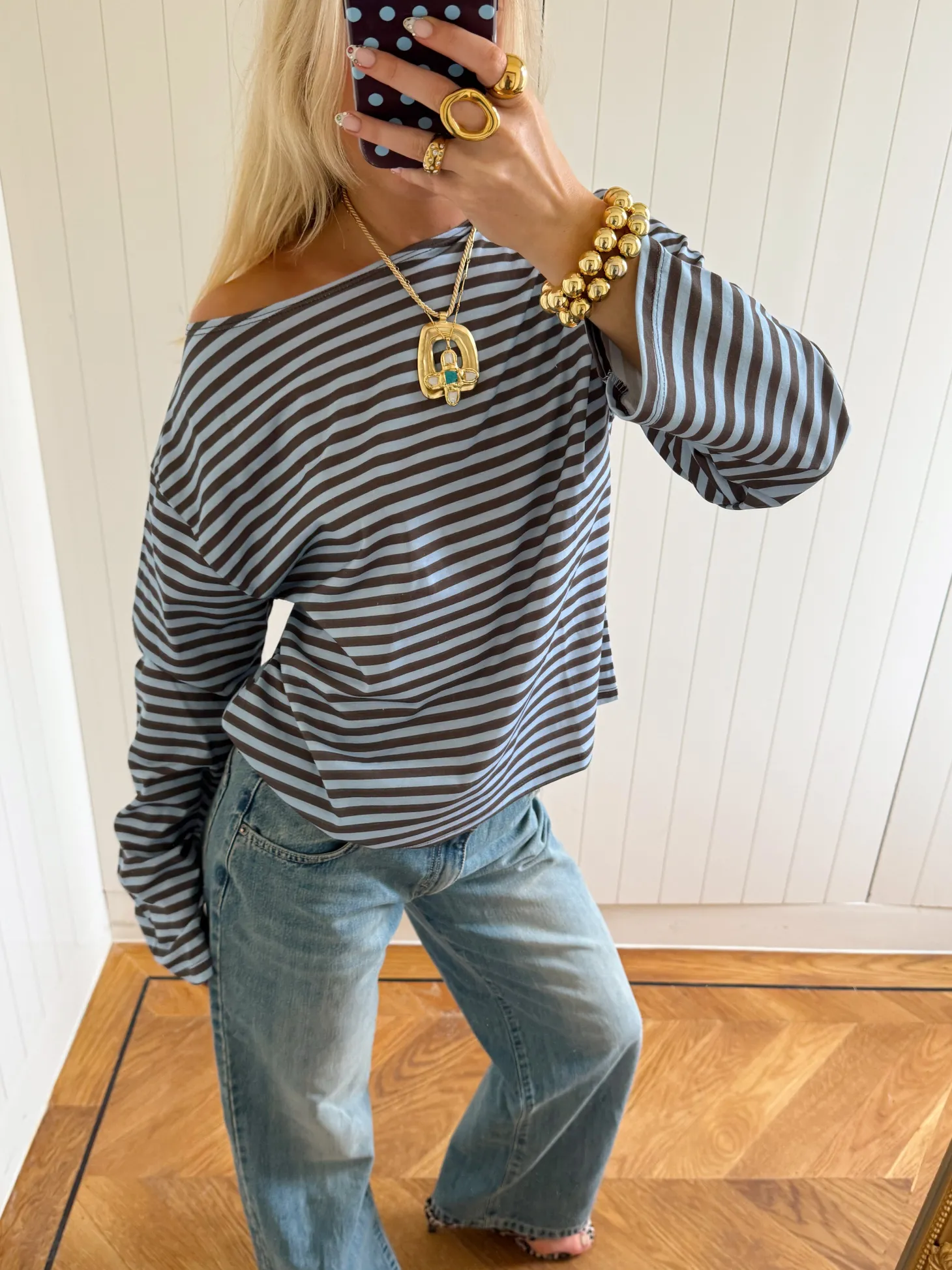 Scandivv bluse med striber - Blå/brun