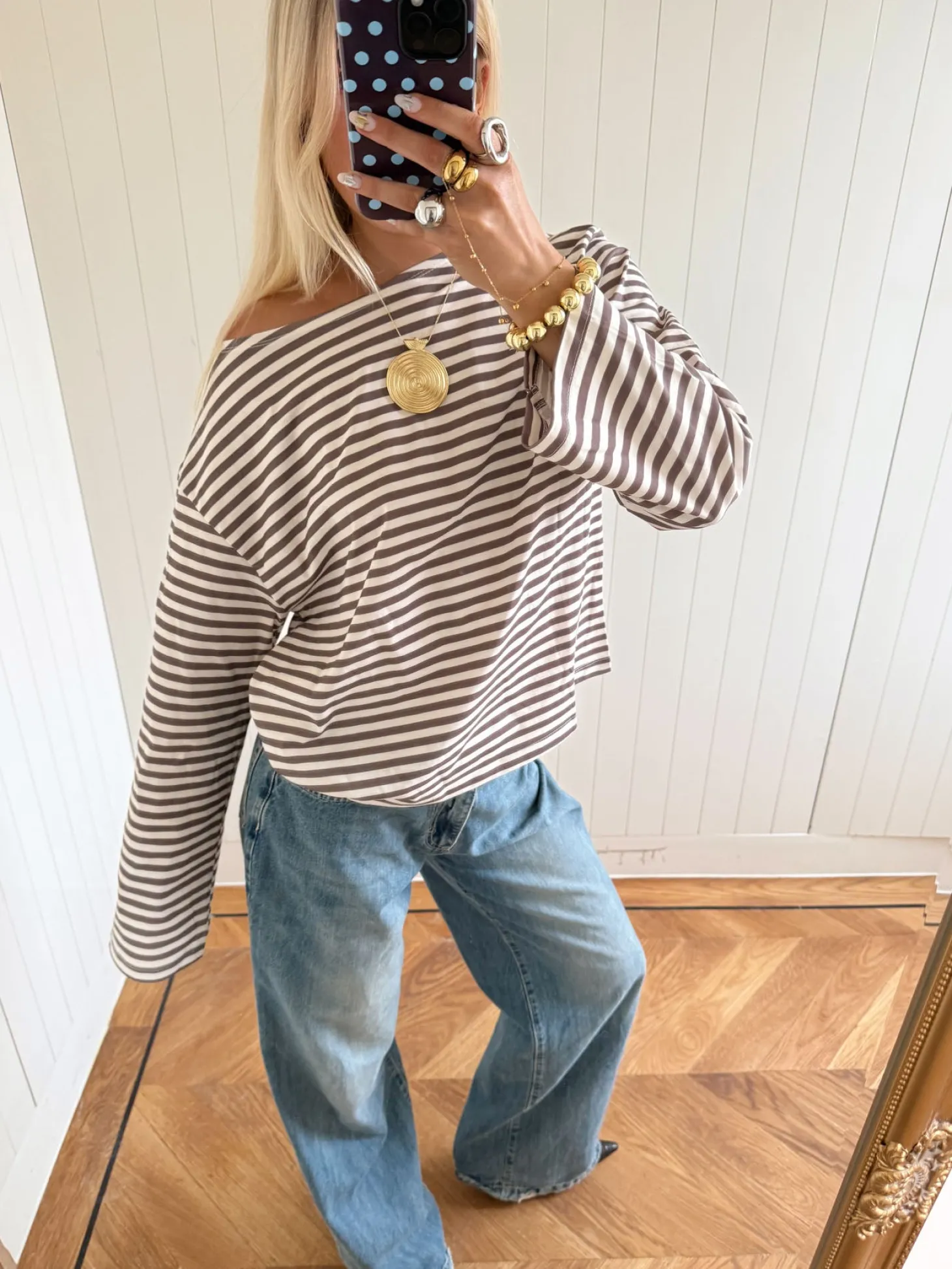 Scandivv bluse med striber - Taupe/hvid