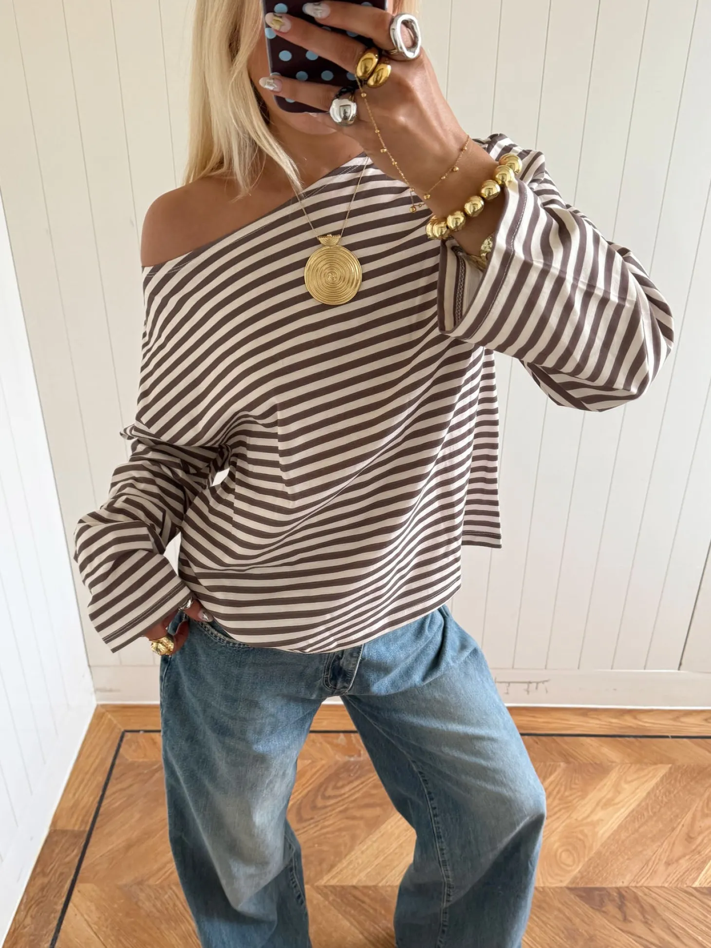 Scandivv bluse med striber - Taupe/hvid