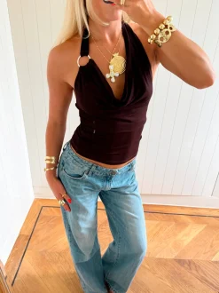 Scandivv draperet halterneck-top - Mørkebrun