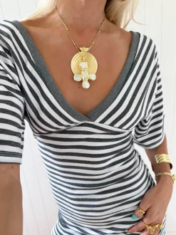 Scandivv kjole med v-neck i striber - Grå/hvid