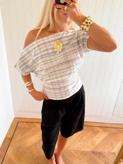 Scandivv off shoulder-top med tern - Hvid/navy