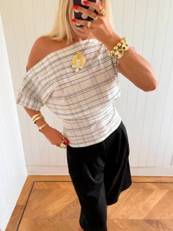 Scandivv off shoulder-top med tern - Hvid/navy