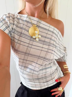 Scandivv off shoulder-top med tern - Hvid/navy