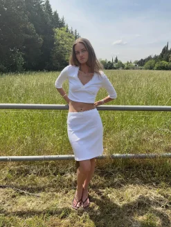 Shaylana pointelle top med 3/4 ærmer - Hvid