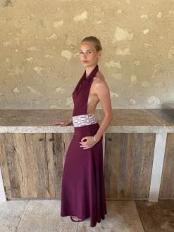 Skyla maxikjole med åben ryg - Bordeaux/pink