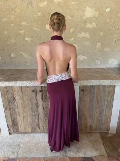Skyla maxikjole med åben ryg - Bordeaux/pink