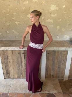 Skyla maxikjole med åben ryg - Bordeaux/pink