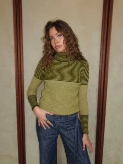 Swela striktrøje med turtleneck - Grøn/brun
