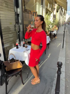 Tina cropped cardigan i pointelle - Rød