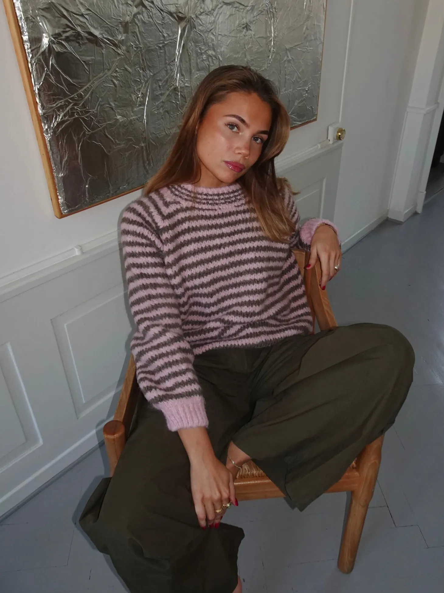 Zeya striktrøje med striber - Lyserød/taupe